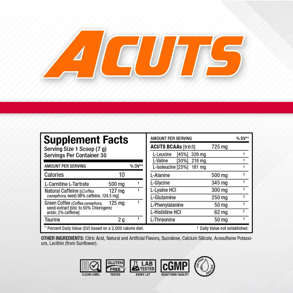 Supplement label for ACUTS with nutritional information and branding details.