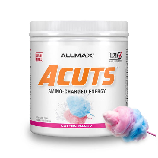 Allmax Acuts aminocharged energy supplement container with cotton candy flavor illustration on a white background