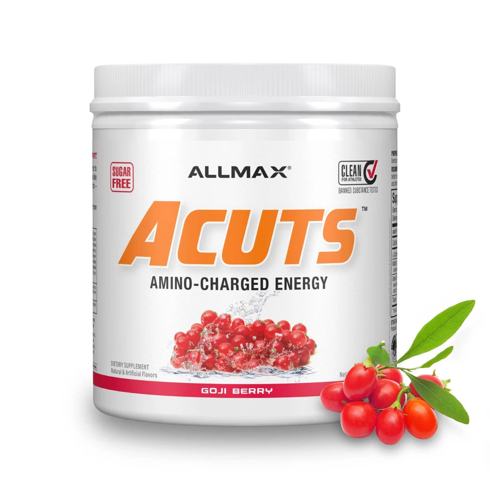 Allmax Acuts aminocharged energy supplement container with goji berries on a white background