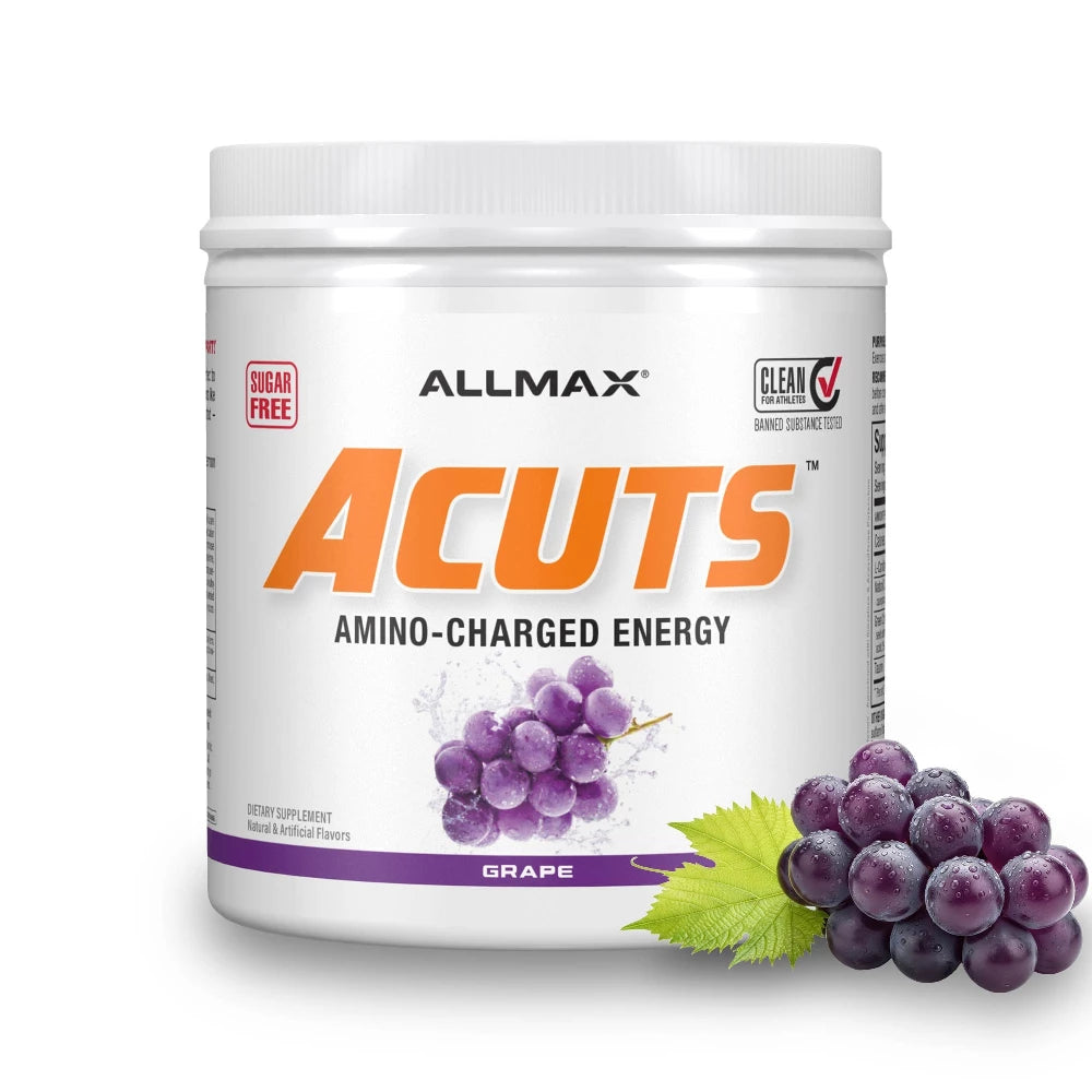 Allmax Acuts amino-charged energy supplement with grapes on a white background