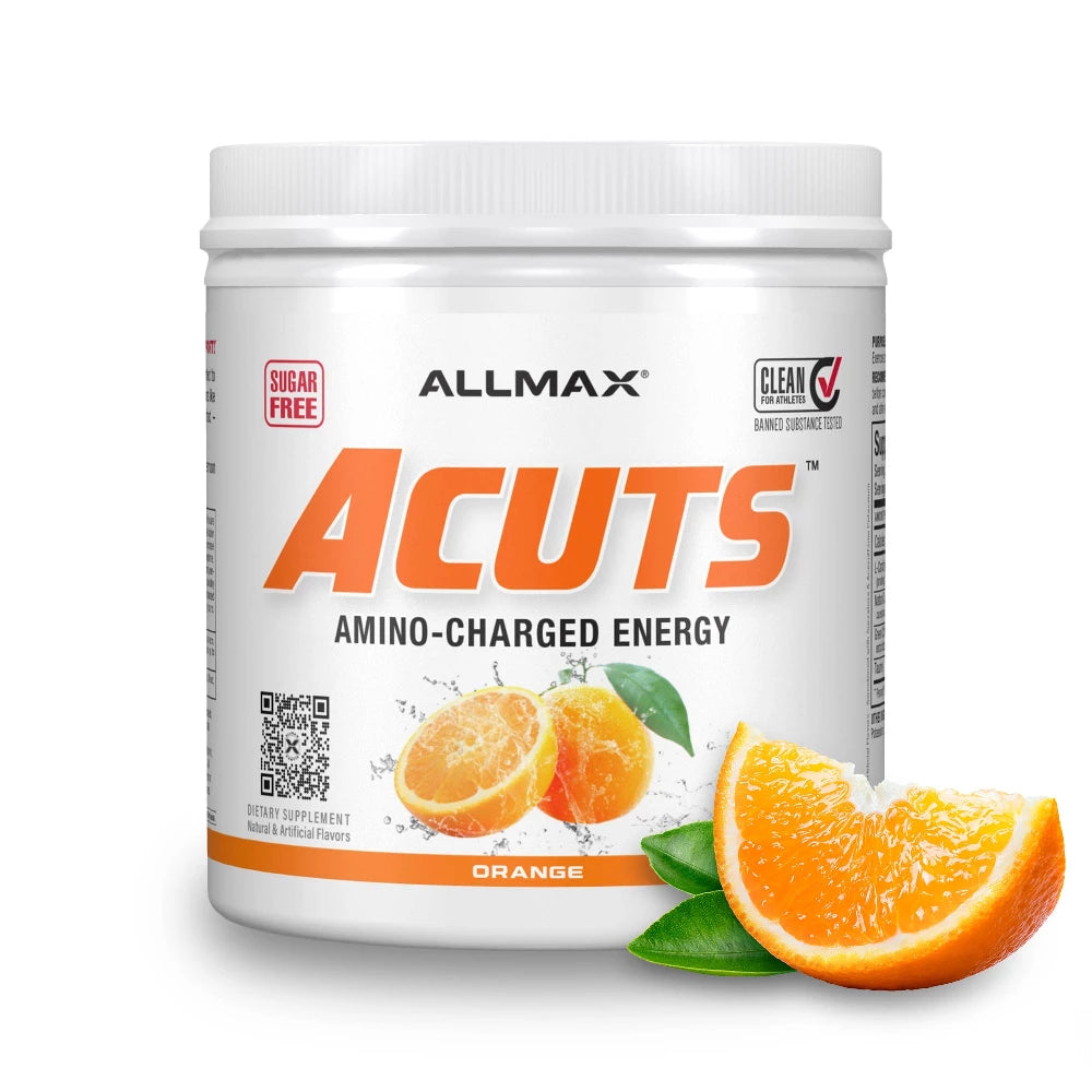 Allmax Acuts amino-charged energy supplement with orange slices on a white background