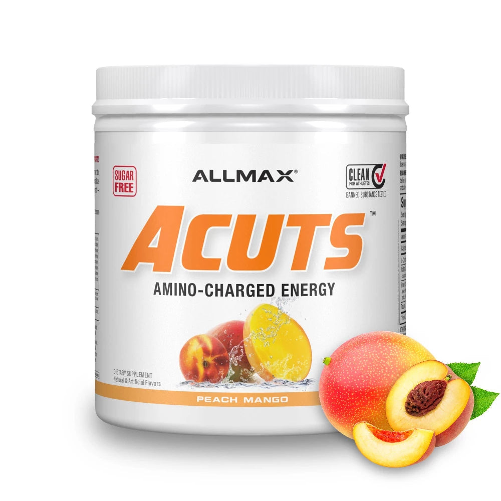 Allmax Acuts amino-charged energy supplement container with peach and mango graphics on a white background
