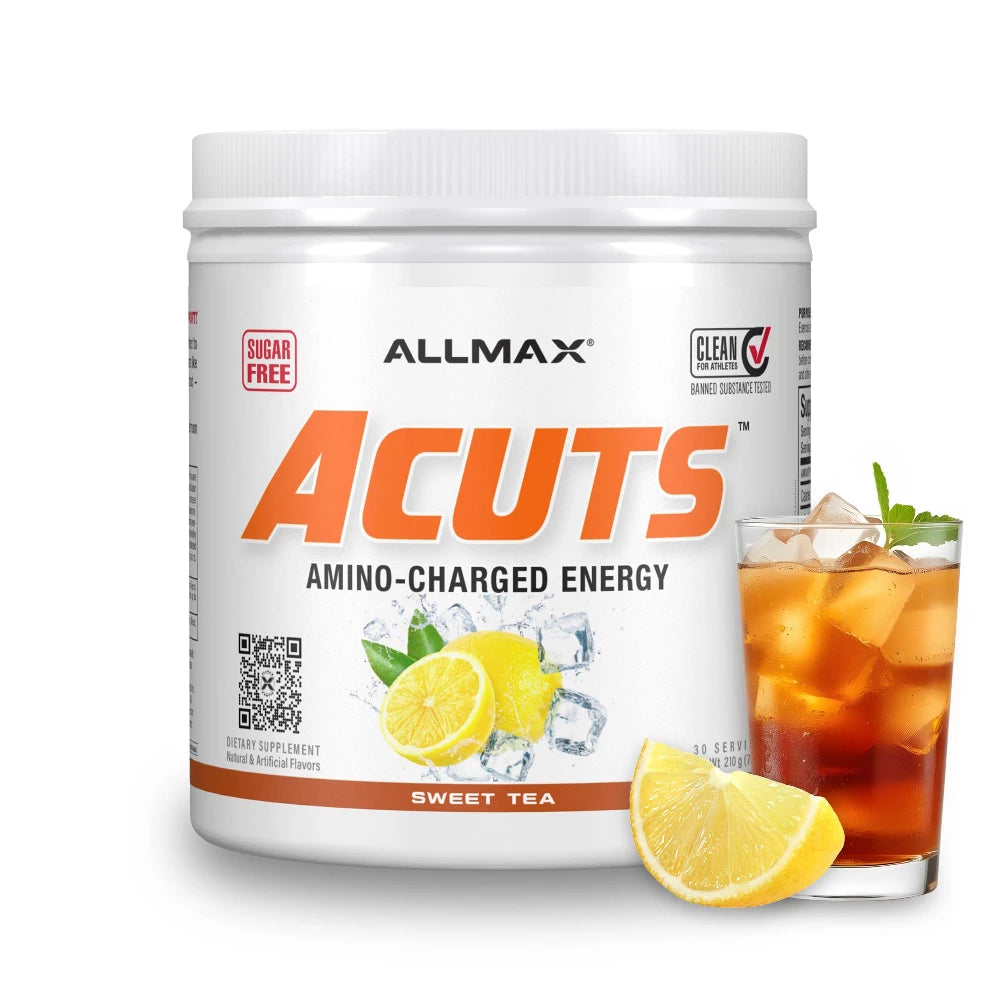 Allmax ACUTS supplement container with a glass of iced tea and lemon wedge on a white background