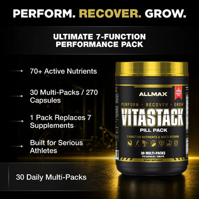 Allmax Vitastack supplement container with promotional text on a dark background
