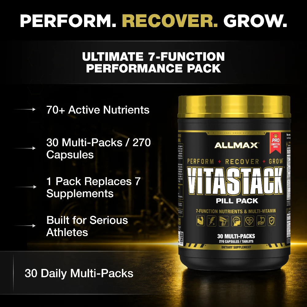 Allmax Vitastack supplement container with promotional text on a dark background