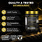 Supplement container with quality and testing standards on a dark background