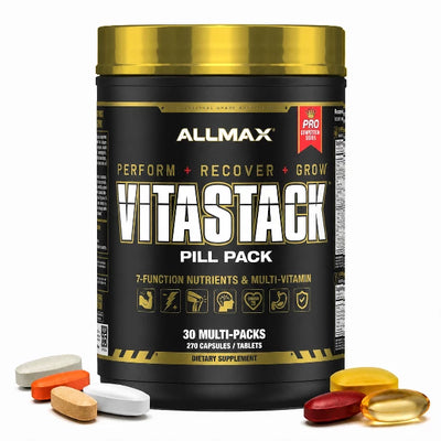 Allmax Vitastack pill pack supplement container with vitamins on a white background