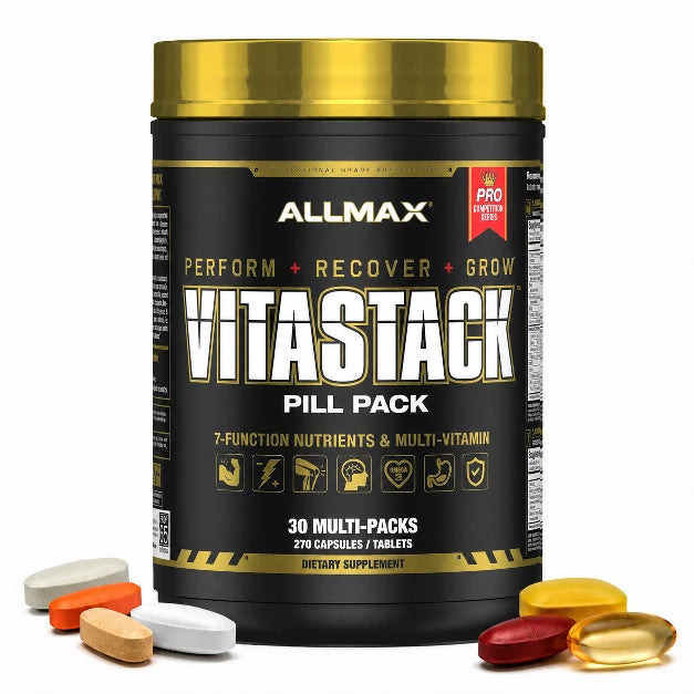 Allmax Vitastack pill pack supplement container with vitamins on a white background