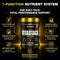 Allmax Vitastack supplement container with features highlighted on a dark background