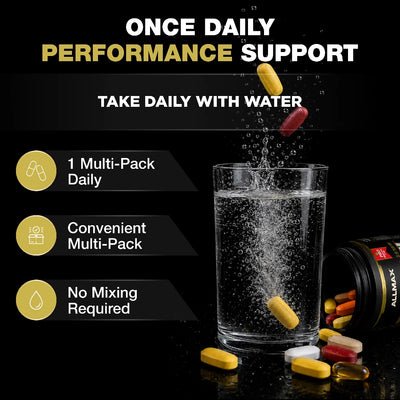 Multivitamin capsules being added to a glass of water with promotional text about daily performance support.