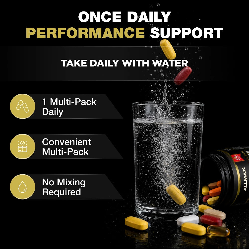Multivitamin capsules being added to a glass of water with promotional text about daily performance support.