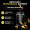 Multivitamin capsules being added to a glass of water with promotional text about daily performance support.