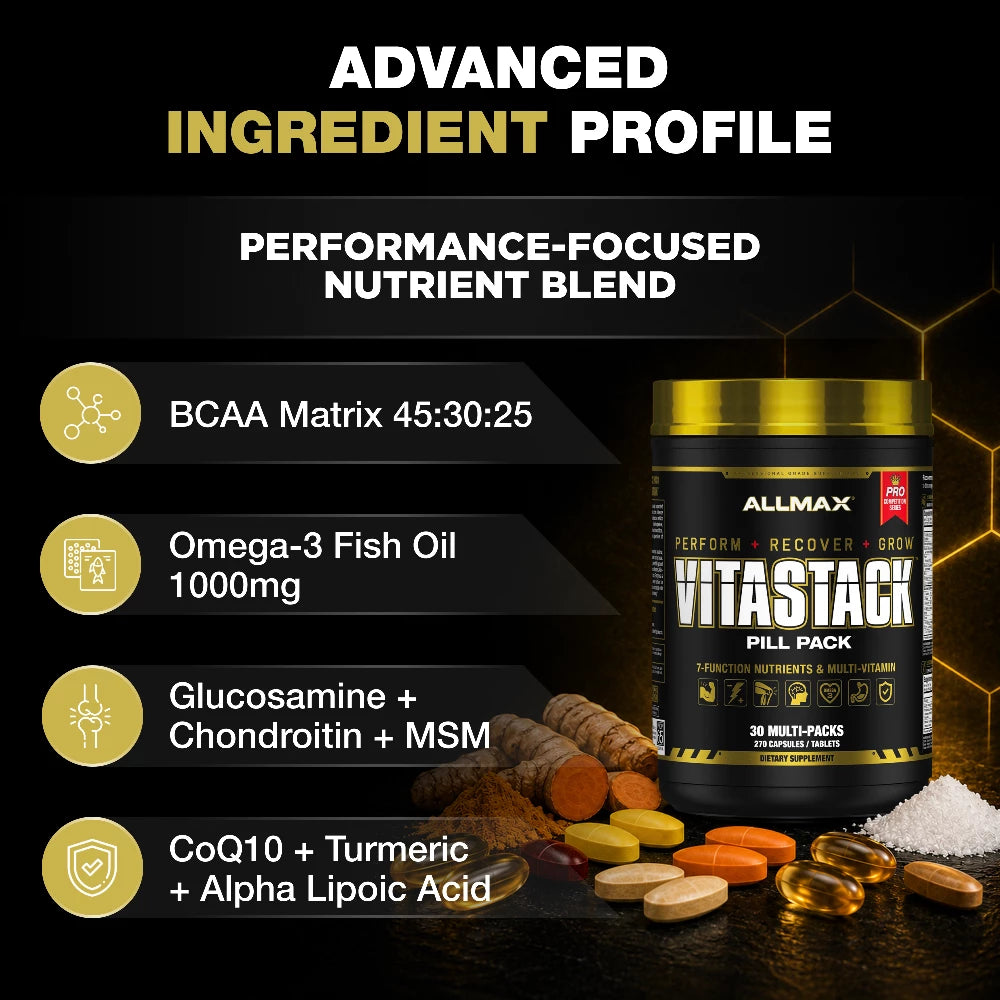 VitaStack supplement pill pack with ingredients and Allmax branding on a dark background