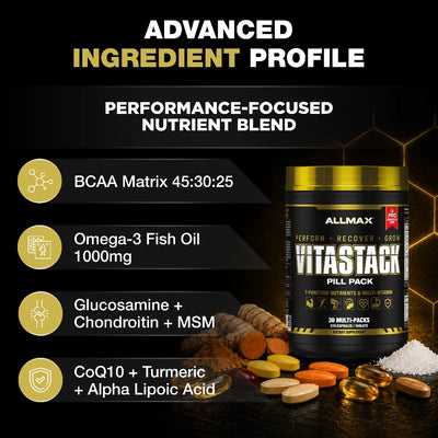 VitaStack supplement pill pack with ingredients and Allmax branding on a dark background