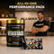 Allmax Vitastack supplement pack with a person in a kitchen setting