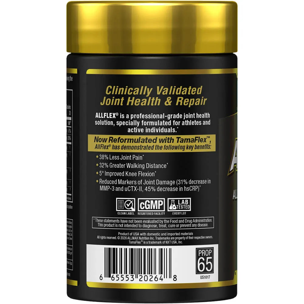 Back label of a supplement container with gold and black design, featuring text about joint health and repair.