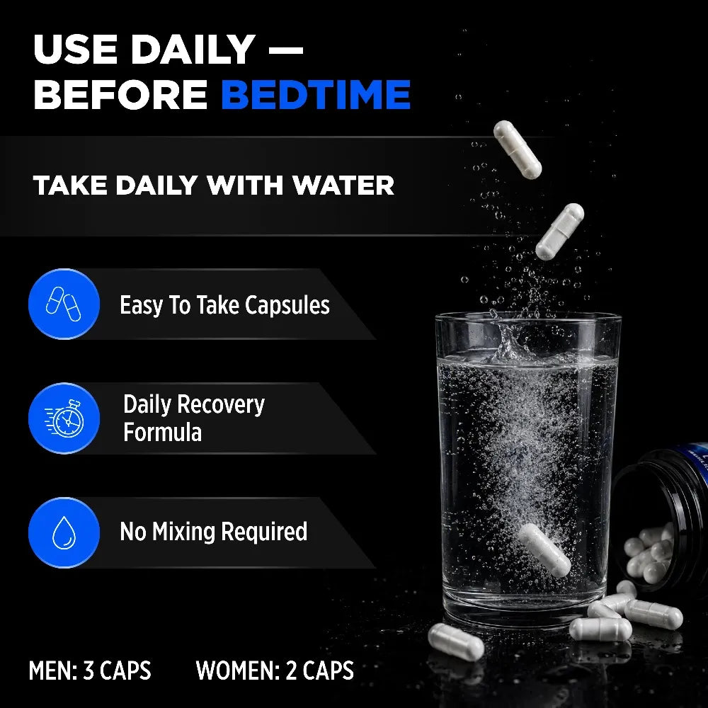 Promotional graphic for a sleep supplement showing white capsules falling into a glass of water on a black background, with text reading 'USE DAILY — BEFORE BEDTIME,' 'TAKE DAILY WITH WATER,' and feature callouts for easy capsule intake, daily recovery formula, and no mixing required. Dosage text at the bottom says men 3 caps and women 2 caps.