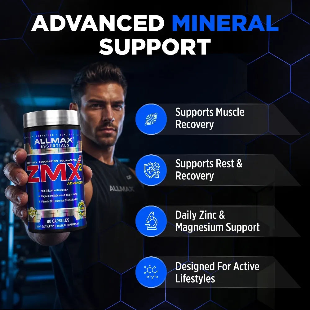 A man holds a bottle of ZMX Advanced Mineral Support capsules in front of a dark promotional graphic with blue hexagon patterns and text highlighting benefits for muscle recovery, rest, and active lifestyles.