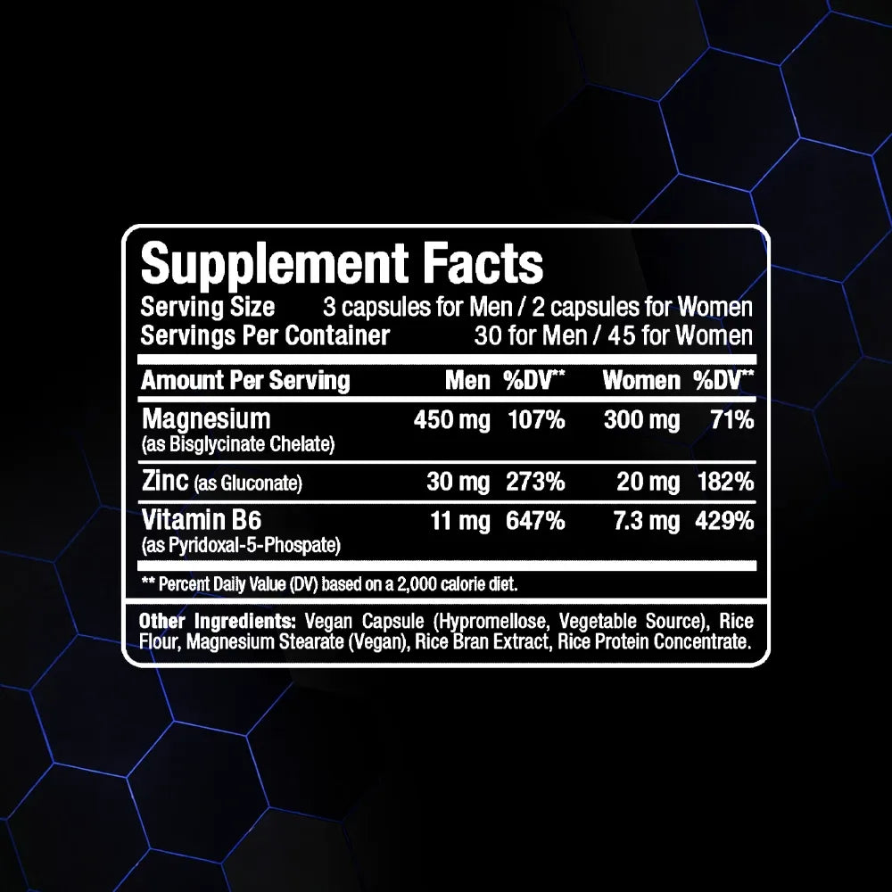 A Allmax ZMX supplement facts label showing magnesium, zinc, and vitamin B6 information for men and women, centered on a dark background with blue hexagonal lines.