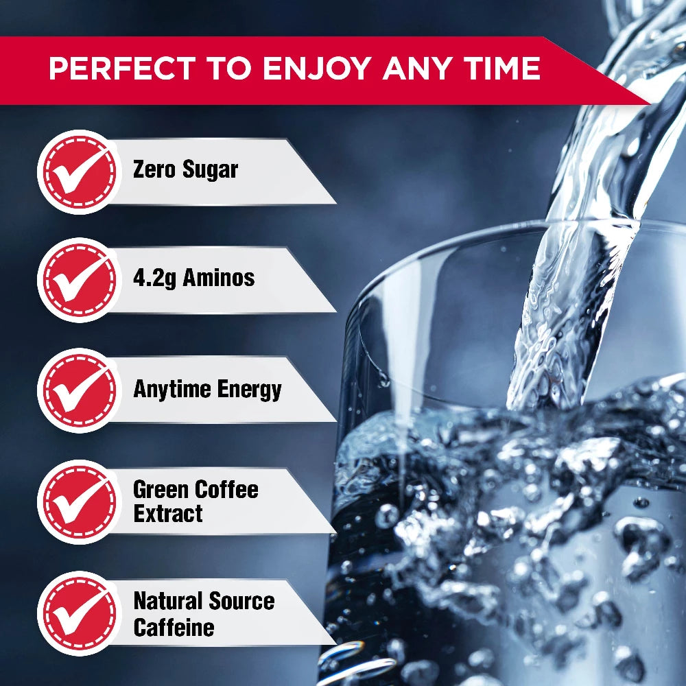 Glass of a beverage being poured with health benefits listed above it on a dark background.