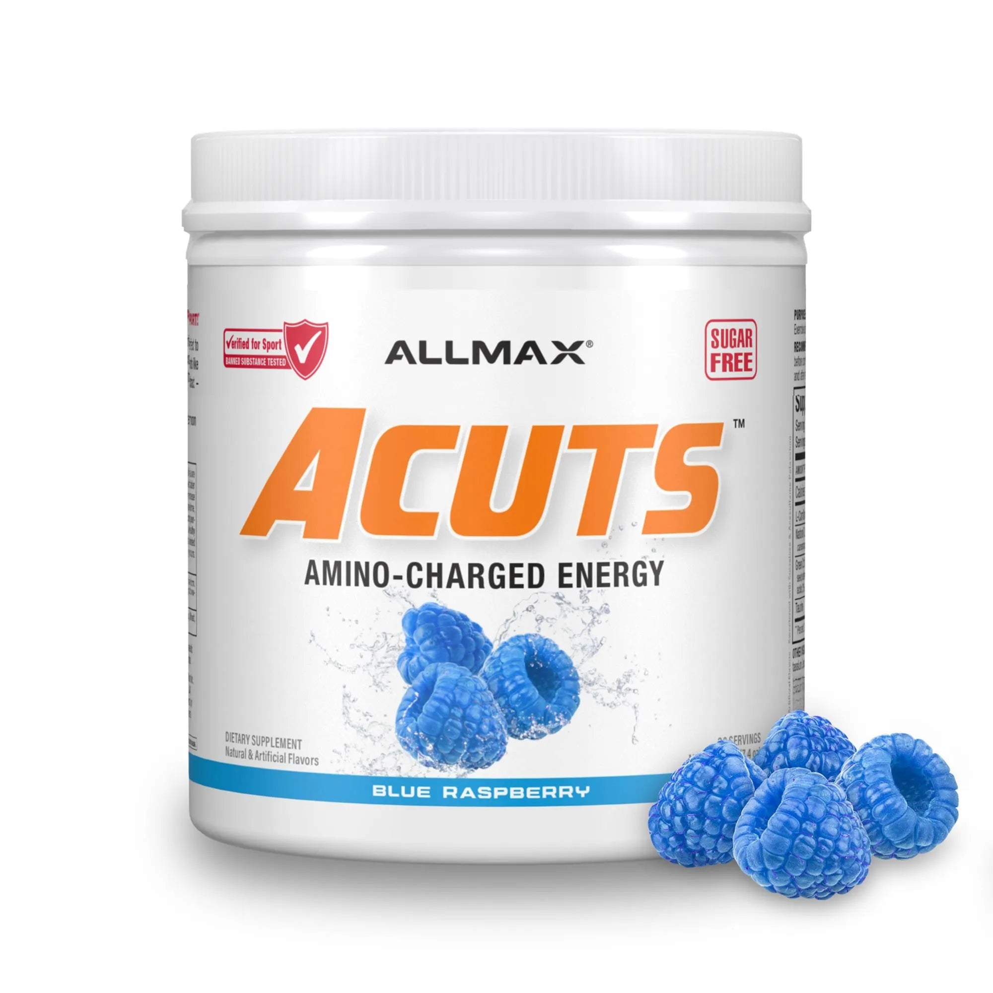 A white plastic tub of Allmax Acuts Amino-Charged Energy supplement in Blue Raspberry flavor, shown on a white background with blue raspberries placed in front of the tub.