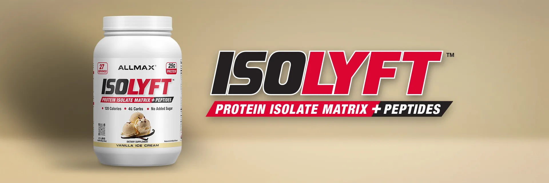 AllMax ISO LYFT protein supplement container on a beige background