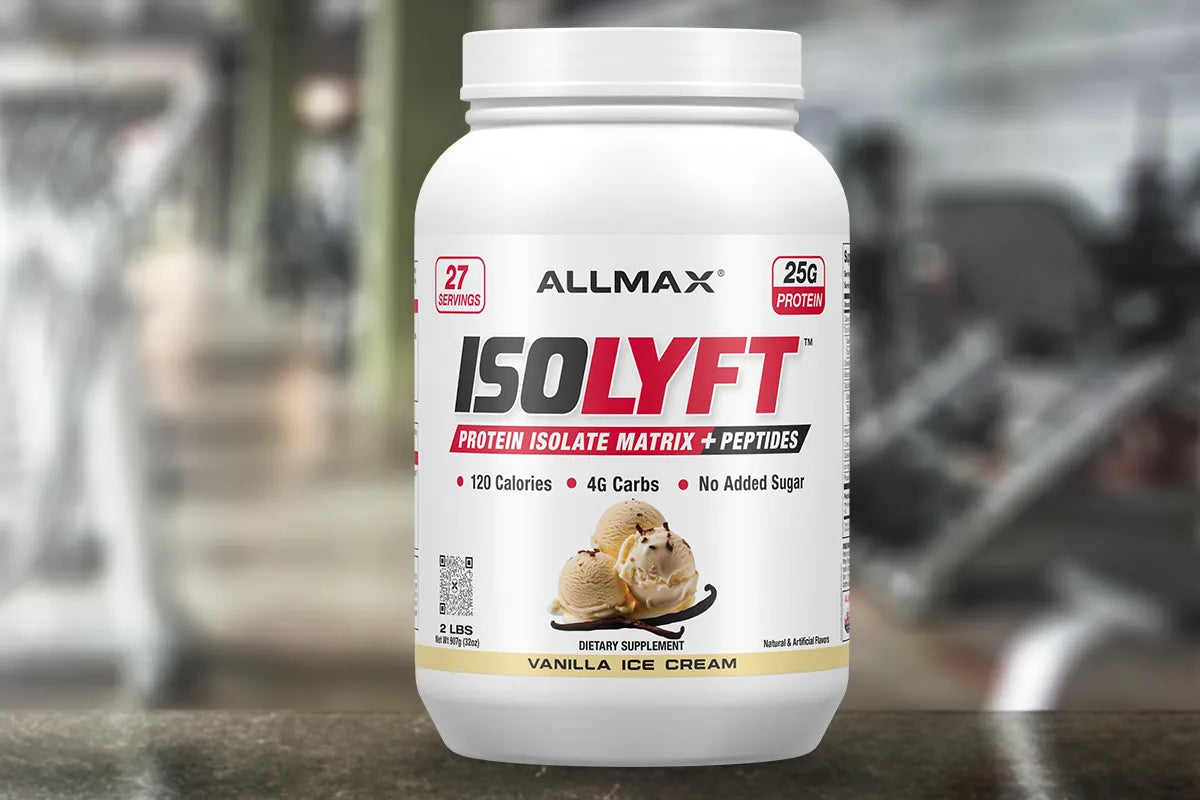Allmax ISOLYFT protein supplement container on a blurred gym background