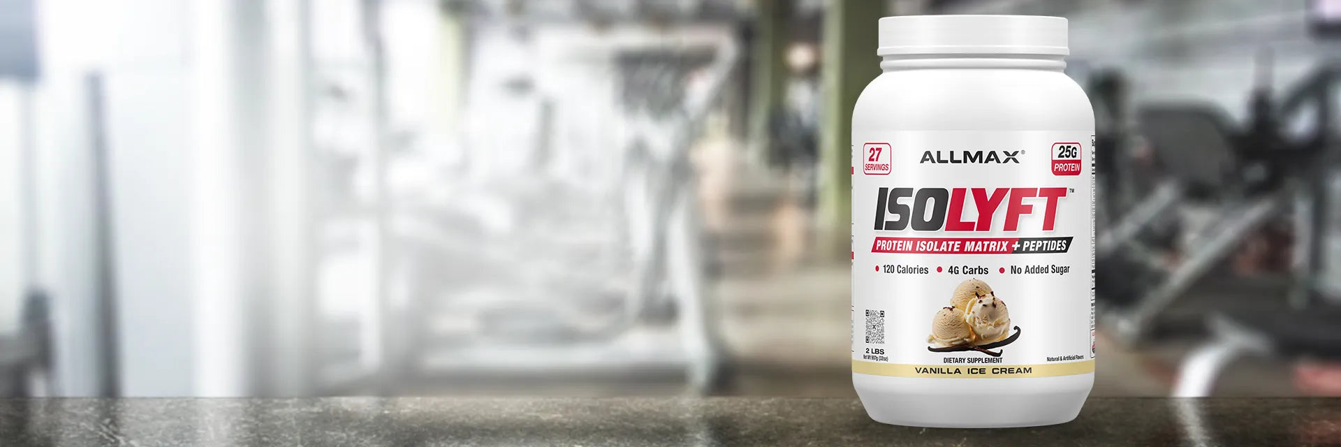 Allmax Isolyft supplement bottle on a blurred gym background