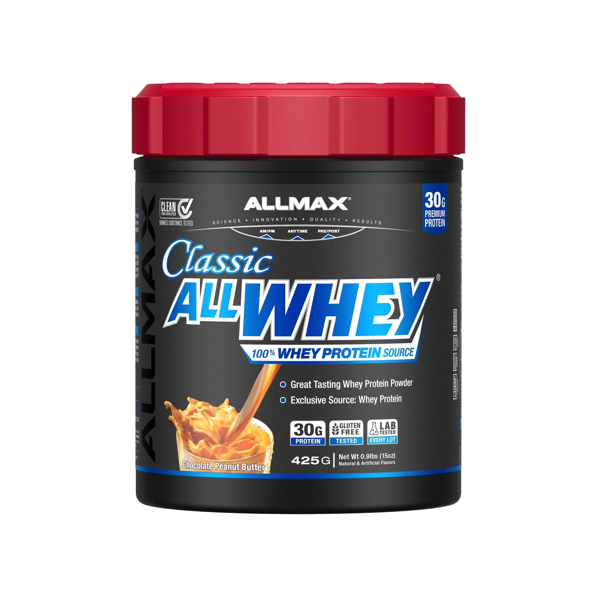 A tub of Allmax Classic AllWhey protein powder in Chocolate Peanut Butter flavor, featuring a black label with blue and white text and a red lid, on a white background.
