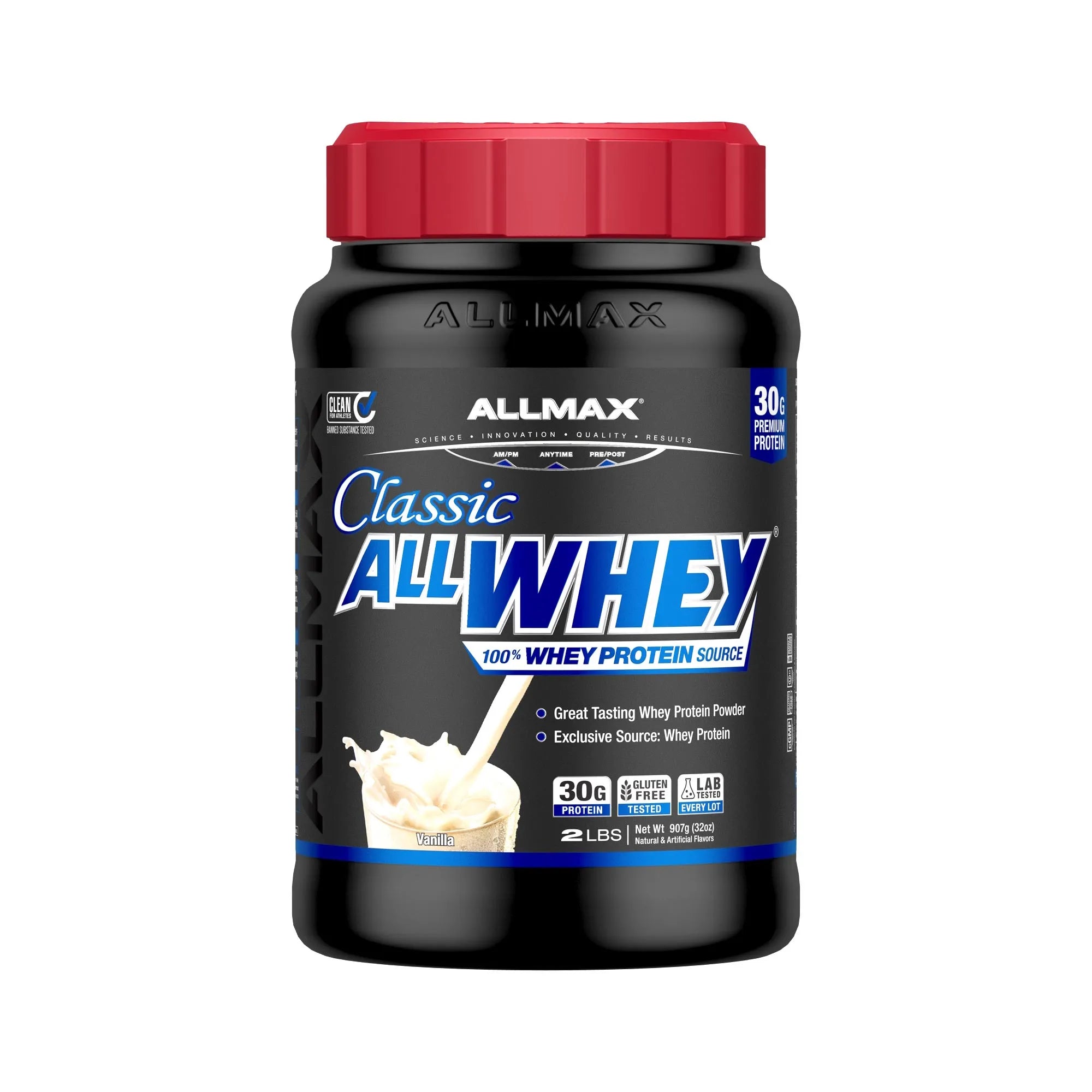 A tub of Allmax Classic AllWhey 100% Whey Protein powder. The container is black with a bright red lid and a black label featuring blue and white text, with a splash of vanilla ice cream pictured on the front.
