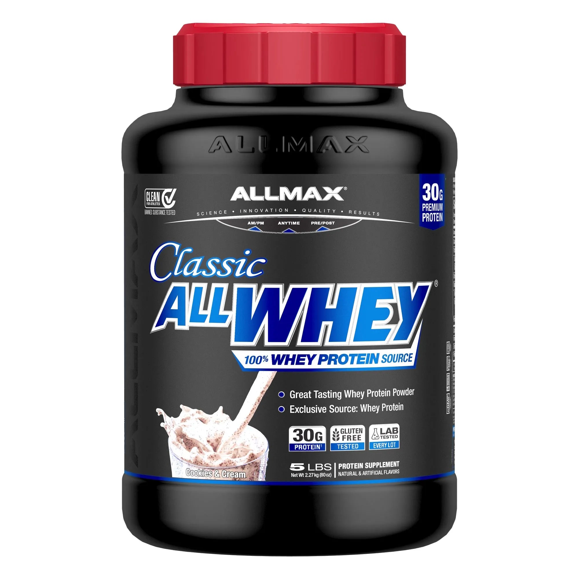 A black tub of Allmax Classic AllWhey protein powder with a red cap, shown on a plain white background.