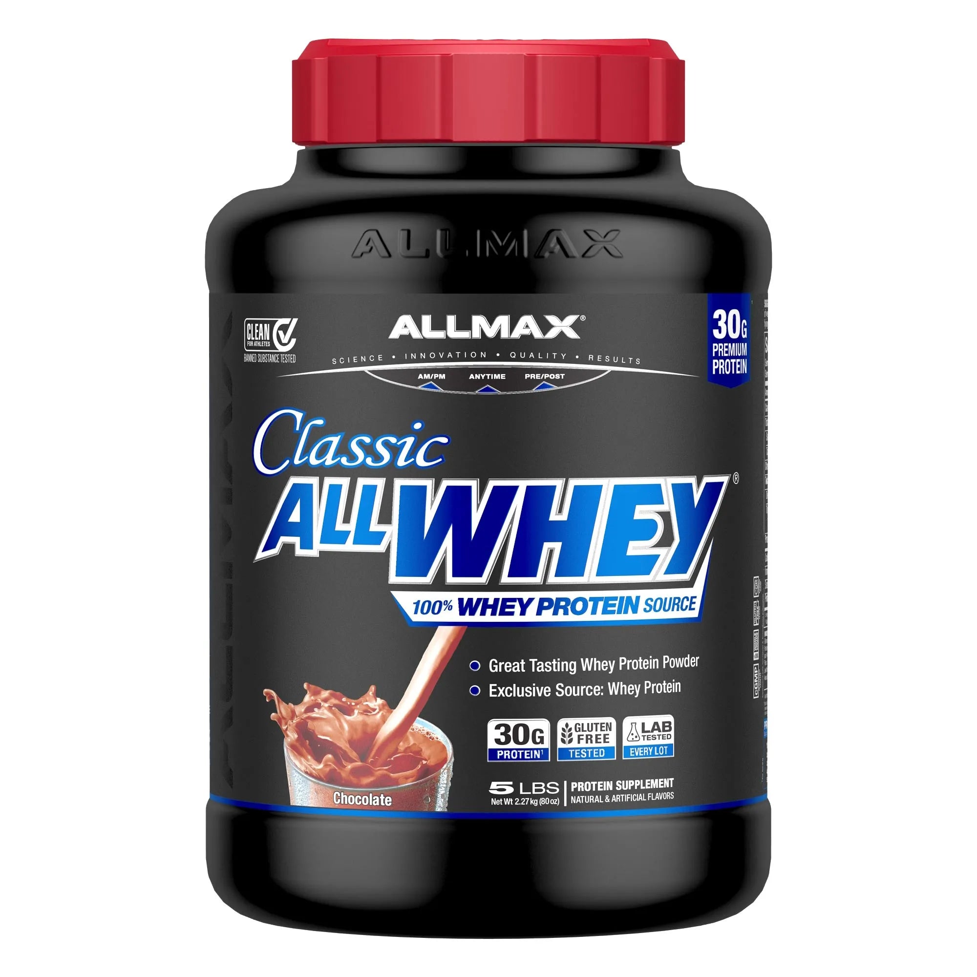 A black tub of Allmax Classic AllWhey protein powder with a red cap, shown on a plain white background.