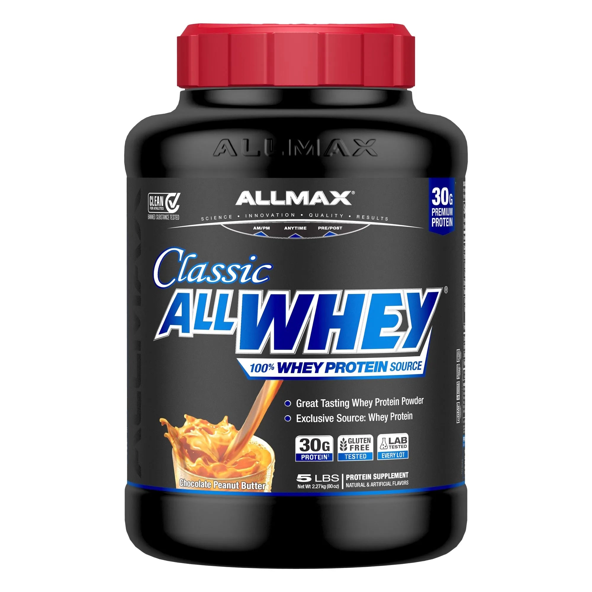 A black tub of Allmax Classic AllWhey protein powder with a red cap, featuring blue and white text on the label.