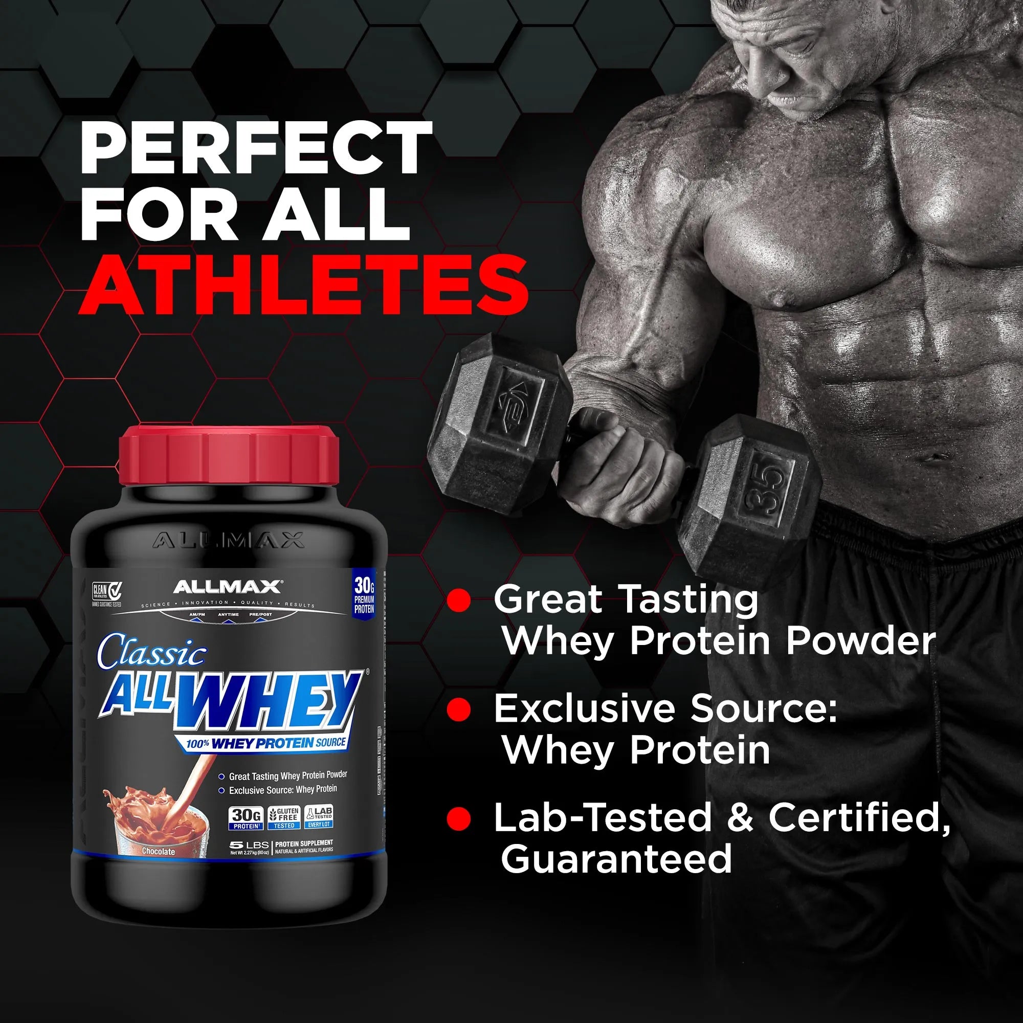Allmax Classic AllWhey protein powder tub with a red lid, shown next to a muscular athlete lifting dumbbells on a dark background with promotional text.