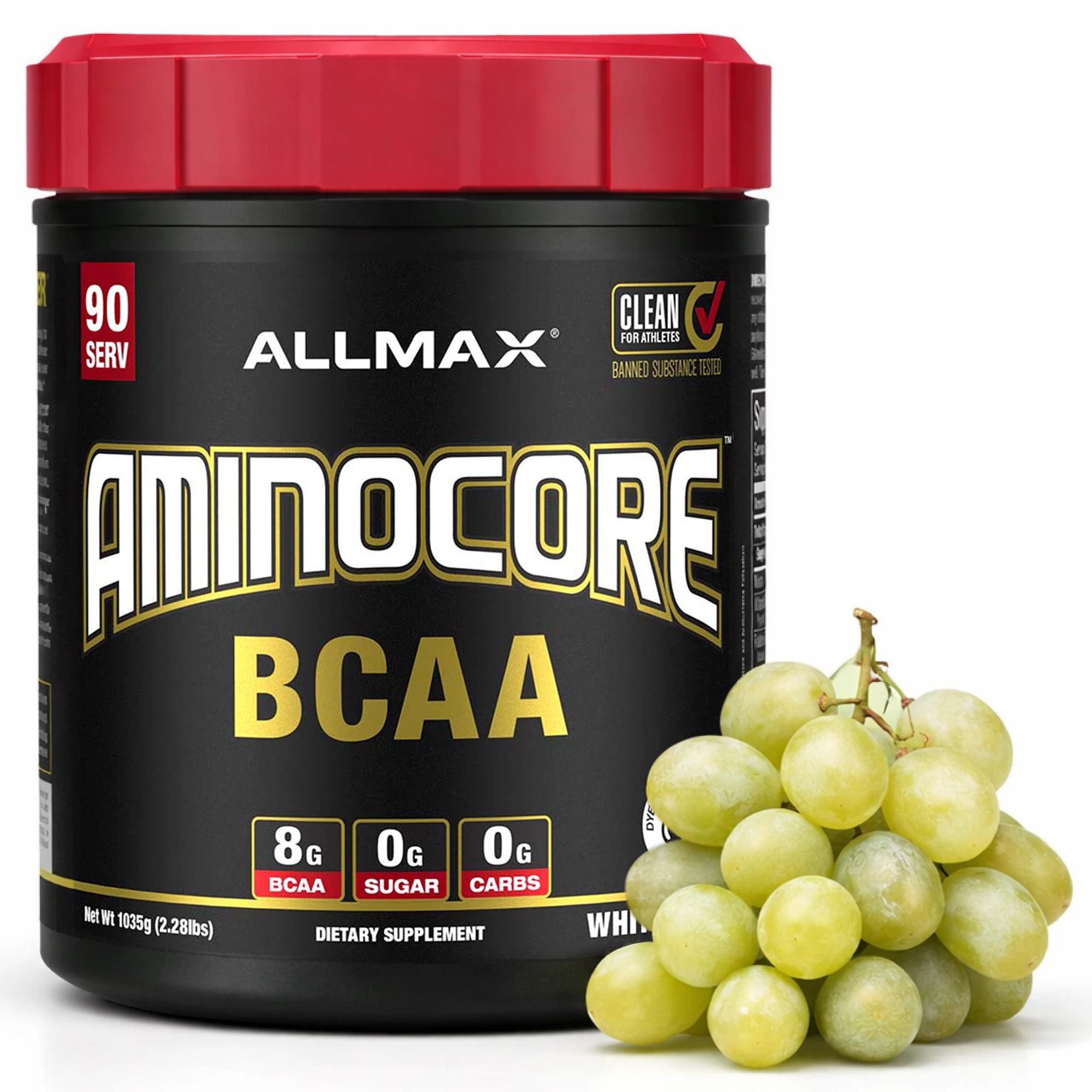 Allmax Aminocore BCAA supplement container with grapes on a white background