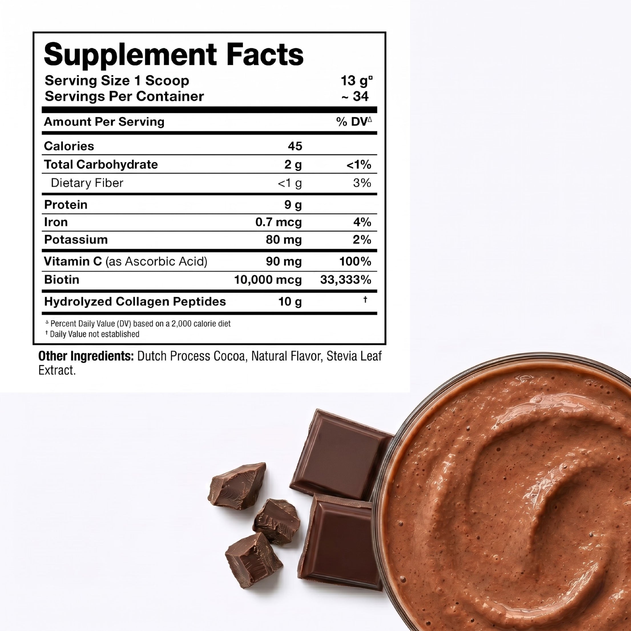 Supplement facts label with a bowl of chocolate protein shake and chocolate pieces on a white background
