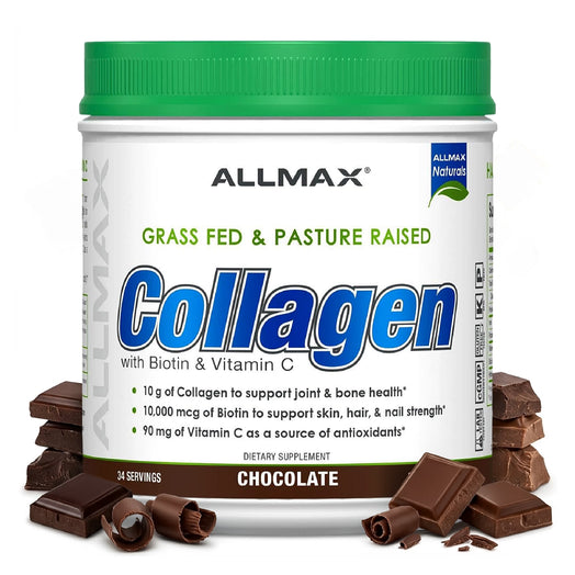 Allmax Collagen supplement container with chocolate pieces on a white background