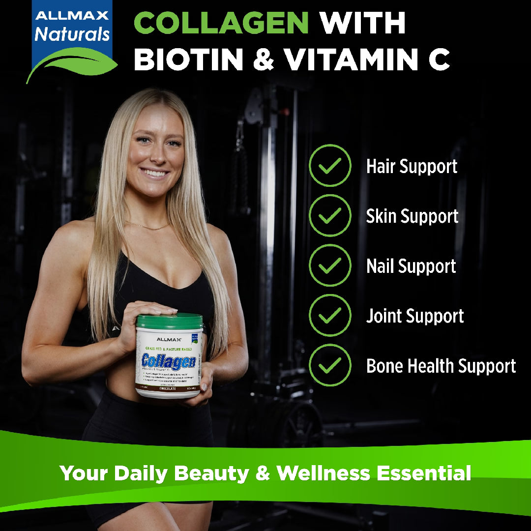 Woman holding a supplement container with Allmax Naturals branding, featuring text about collagen with biotin and vitamin C.