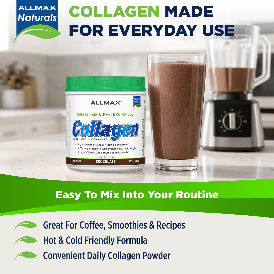Allmax Naturals collagen powder with a glass of chocolate shake and blender on a kitchen counter.