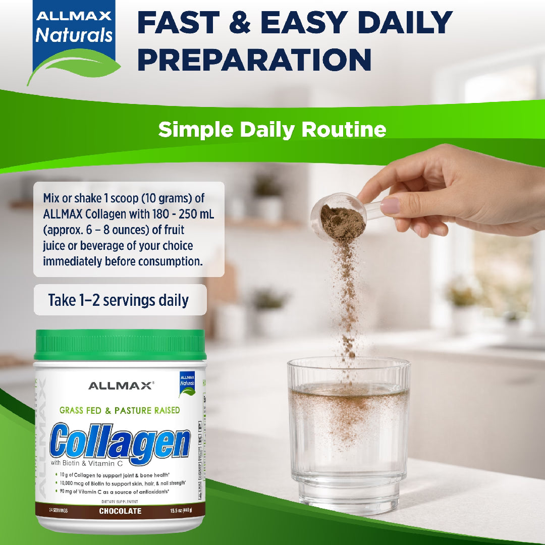 ALLMAX Naturals collagen powder with a hand pouring powder into a glass of water, set against a kitchen background.