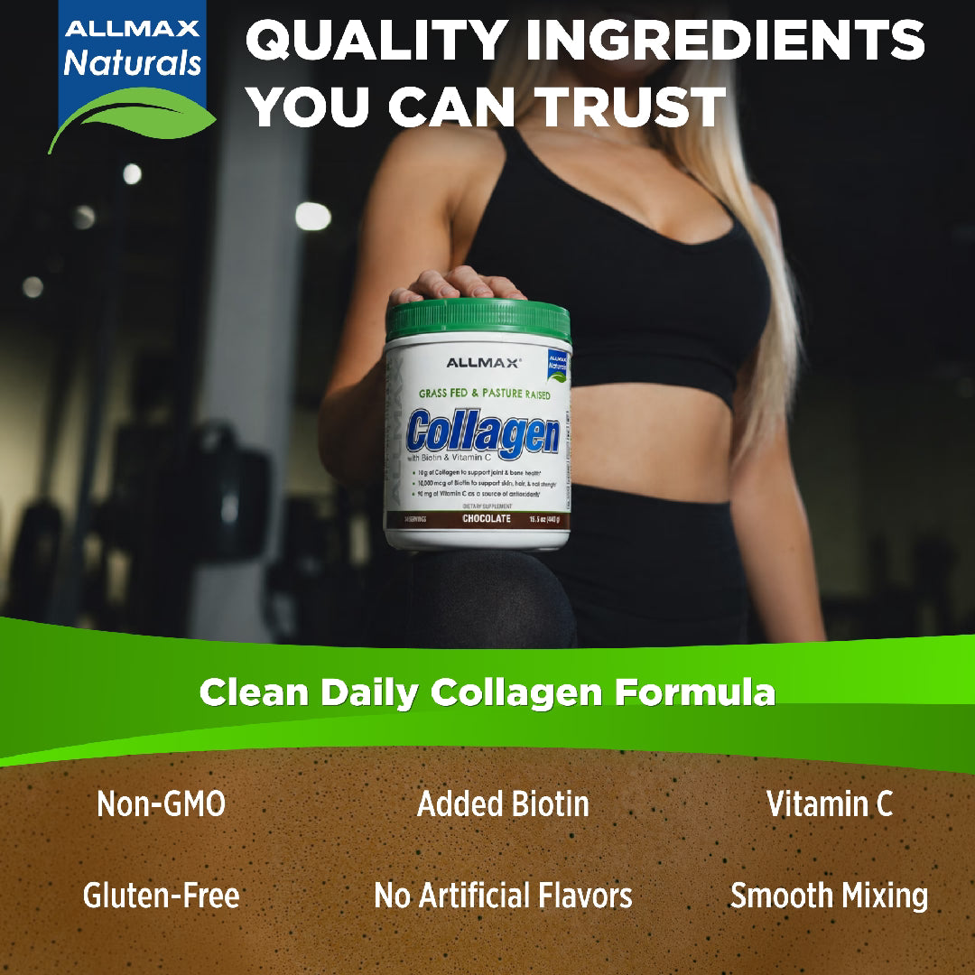 Person holding a container of Allmax Collagen supplement with product details on a blurred background