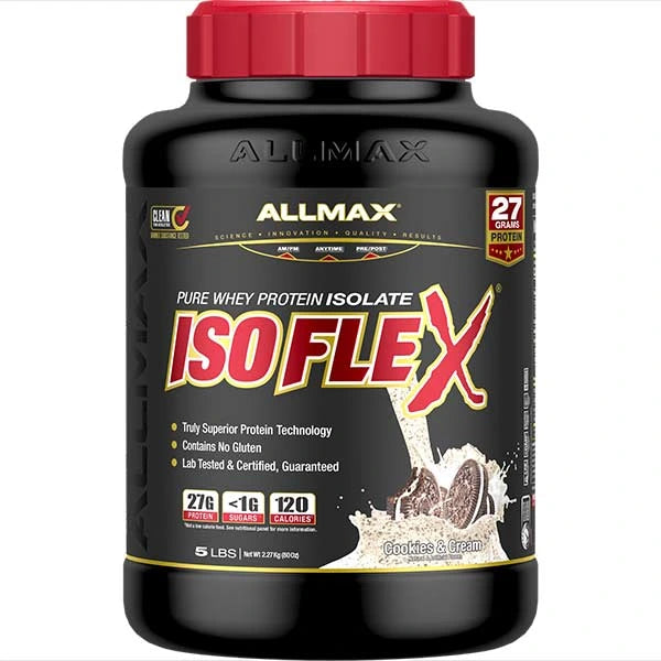 Allmax ISOFLEX protein supplement bottle on a white background