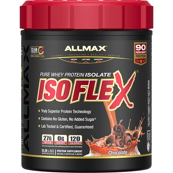 Allmax ISO FLEX protein supplement container with red lid on a white background