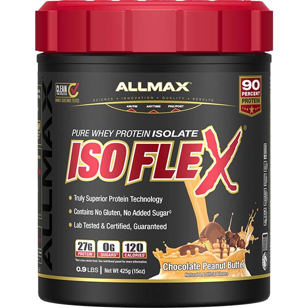 Allmax ISO FLEX protein powder container with red lid on a white background