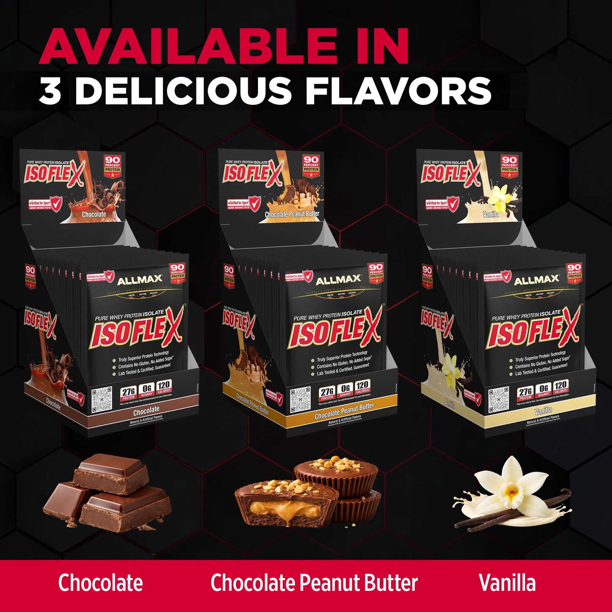 Three boxes of Allmax IsoFlex protein powder in Chocolate, Chocolate Peanut Butter, and Vanilla flavors, displayed with corresponding chocolate treats on a black background with red and white text.
