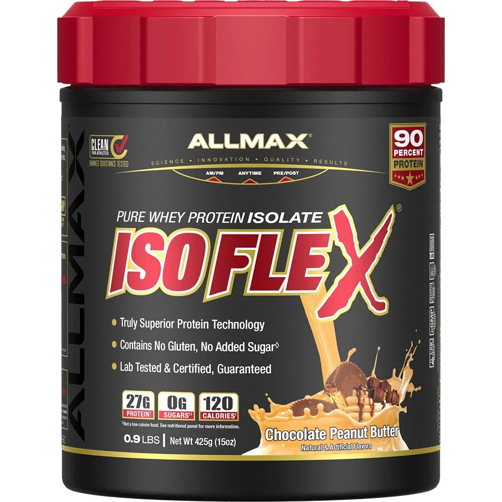 A tub of Allmax ISOFLEX Pure Whey Protein Isolate in Chocolate Peanut Butter flavor, featuring a black container with a red lid and a detailed product label.