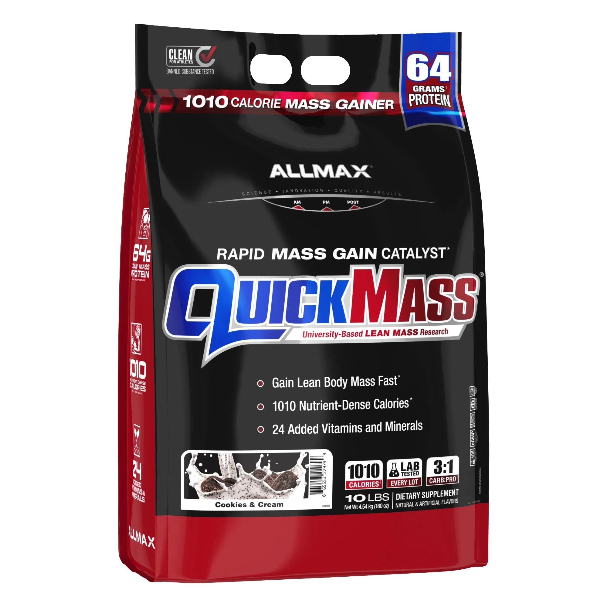 A 10 lb bag of Allmax QuickMass Rapid Mass Gain Catalyst cookies and cream flavor, featuring a black and red packaging design with blue and white logo text.