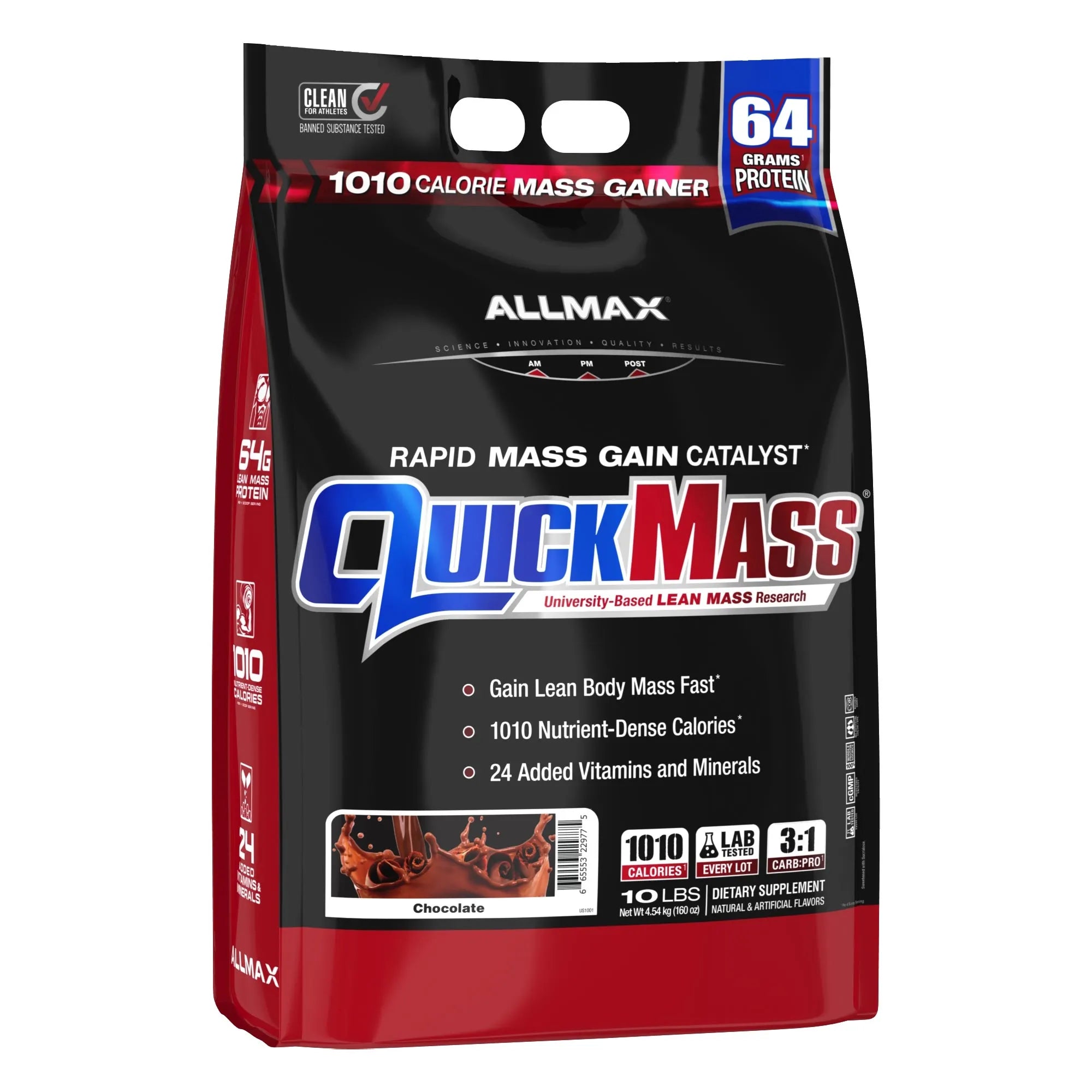 A 10 lb bag of Allmax QuickMass Rapid Mass Gain Catalyst in chocolate flavor. The packaging is predominantly black with red side panels and features the prominent blue and red 'QuickMass' logo.