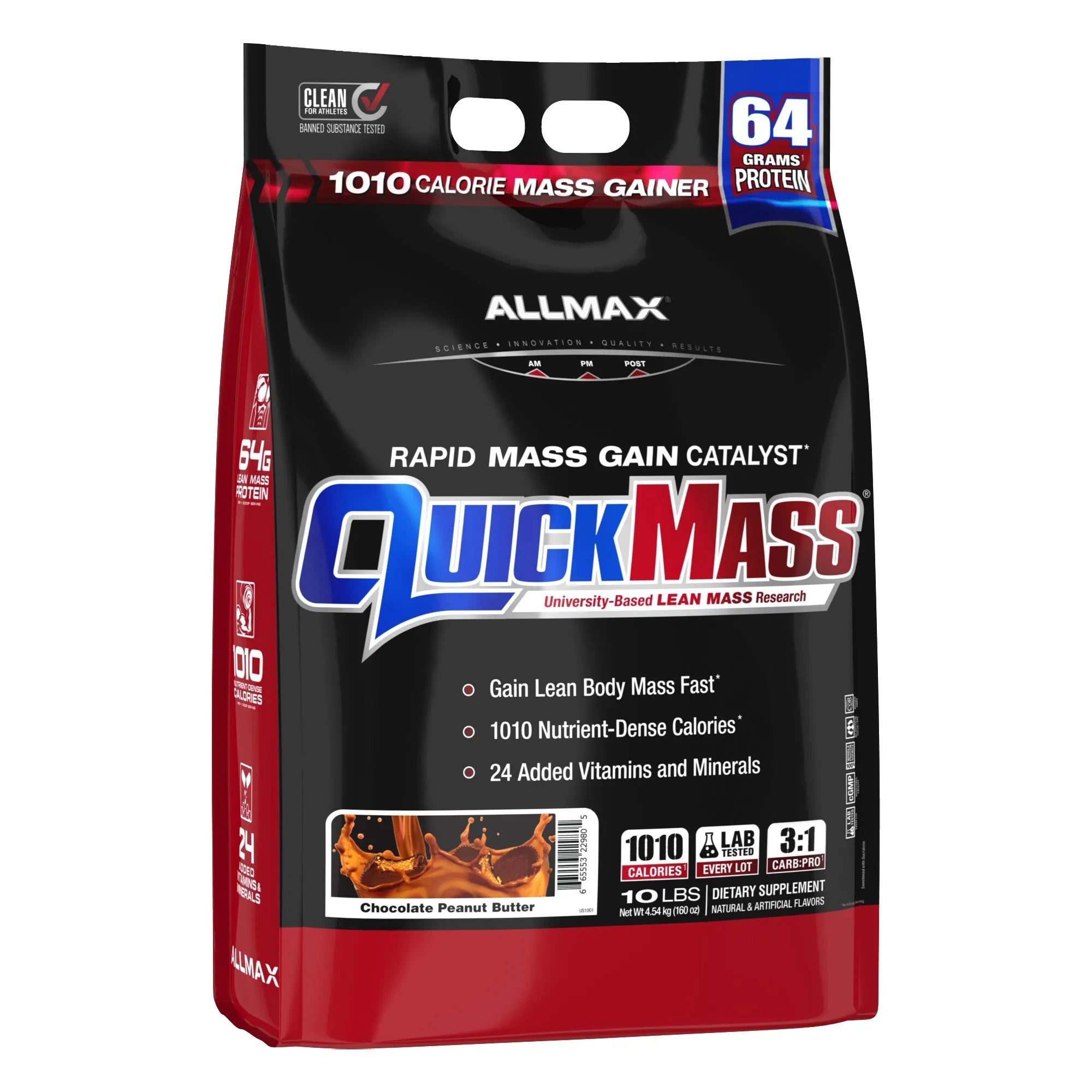 A 10 lb bag of Allmax QuickMass Chocolate Peanut Butter powder, a rapid mass gain catalyst, featuring a black and red packaging design with blue and white logo text.