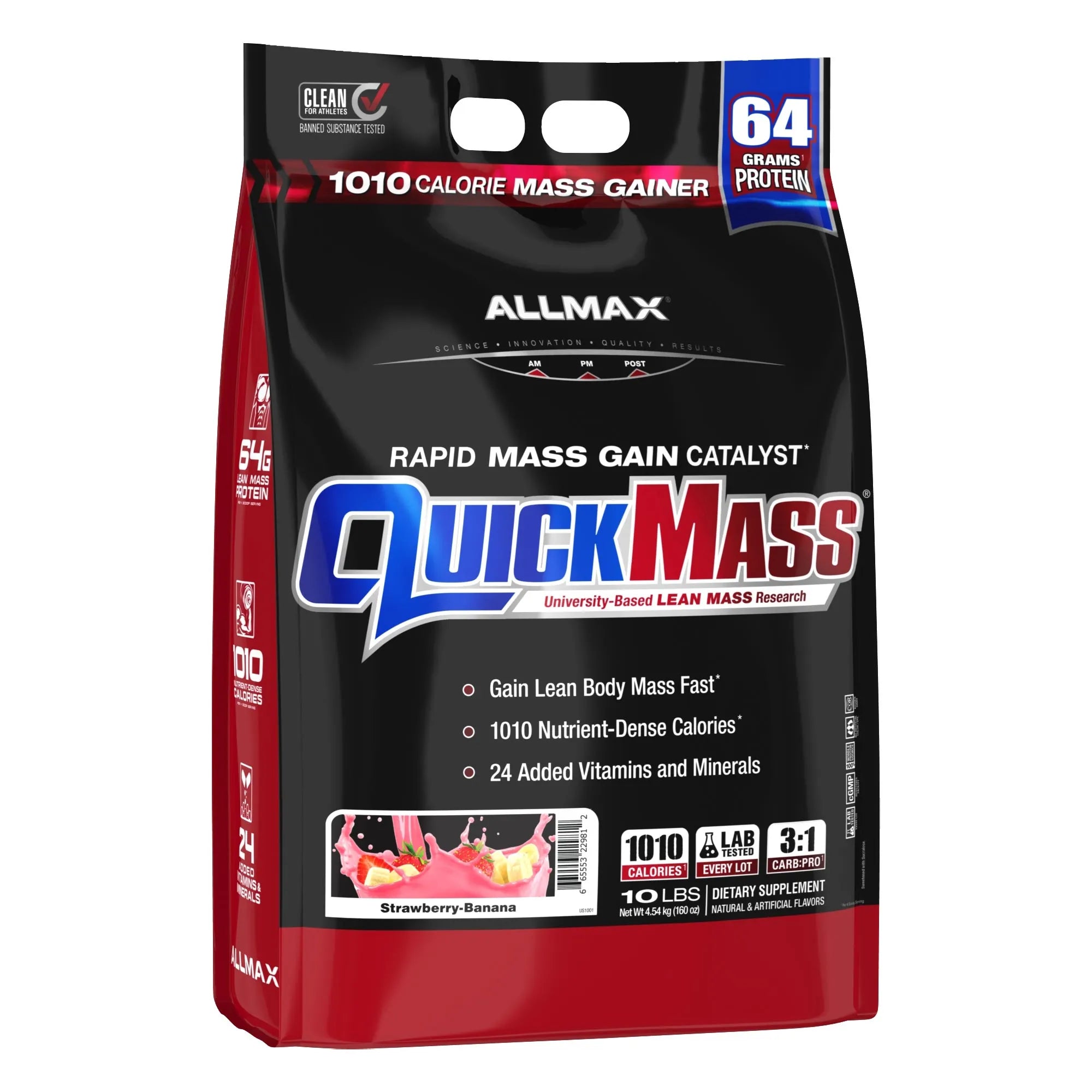 A 10 lb bag of Allmax QuickMass Rapid Mass Gain Catalyst in Strawberry Banana flavor. The packaging is primarily black with red side panels and features the prominent blue and red 'QuickMass' logo.